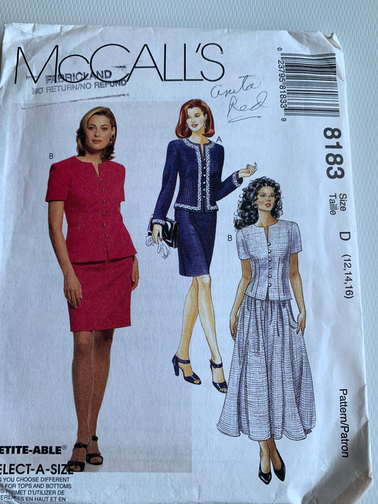 McCall's Sewing Pattern 8183 Misses' Two Pieces Dress, Top, Skirt, Semi-Fitted, Long/Short Sleeves, Size 12-16, Uncut, Vintage 1996
