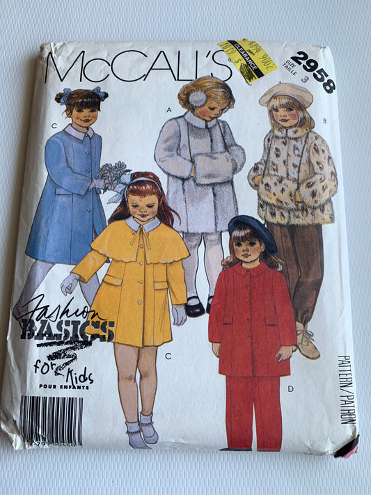 McCall's Sewing Pattern 2958 Children's/Girls' Jacket, Coat, Cape, Pants, Muffs, Loose-Fitting, Pockets, Size 3, Uncut, Vintage 1987