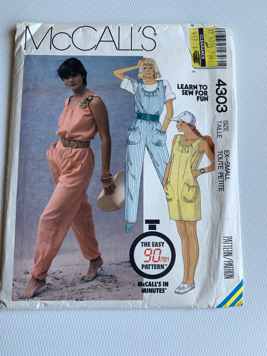 McCall's Sewing Pattern 4303 Misses' Jumpsuit, Sleeveless, Pockets, Two Lengths, Size 6-8, Uncut, Vintage 1989