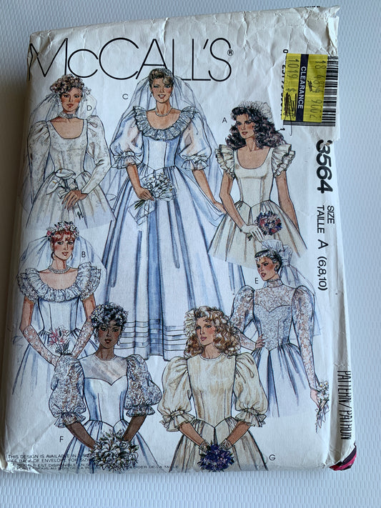 McCall's Sewing Pattern 7394 Misses' Wedding Dresses, Bridal/Bridesmaid Gowns, Ruffles, Zipper Back, 7 Variations, Size 6-10, Uncut, Vintage 1988