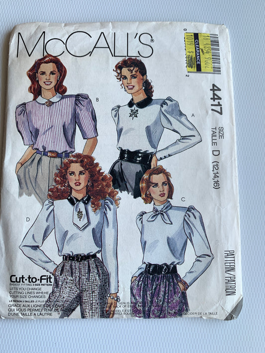 McCall's Sewing Pattern 4417 Misses' Blouse, 4 Variations, Long/Short Sleeves, Button Front, Shoulder Pads, Size 12-16, Uncut, Vintage 1989