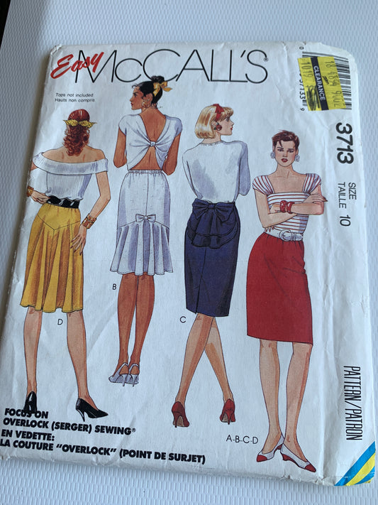 McCall's Sewing Pattern 3713 Misses' Skirt, Elastic Waist, Flounce, Pull-On, Flared, Uncut, Size 10, Vintage 1988