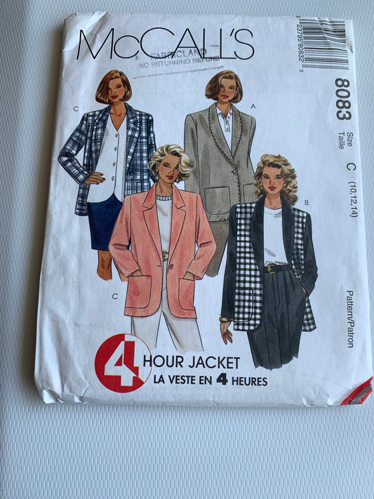 McCall's Sewing Pattern 8083 Misses' Unlined, Lined, Jackets, Coat, Pockets, Long Sleeves, Shoulder Pads, Size 10-14, Uncut, Vintage 1996