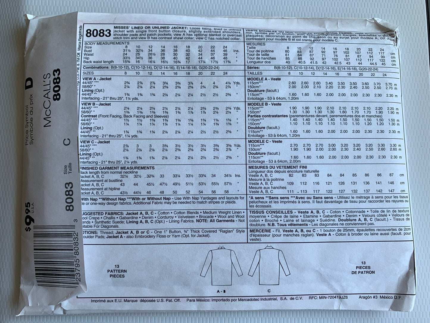 McCall's Sewing Pattern 8083 Misses' Unlined, Lined, Jackets, Coat, Pockets, Long Sleeves, Shoulder Pads, Size 10-14, Uncut, Vintage 1996