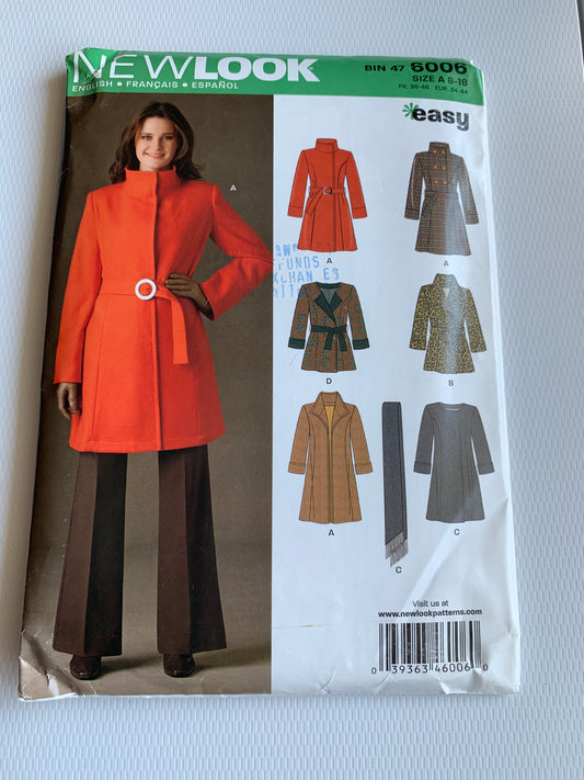 Simplicity New Look Sewing Pattern 6006 Jacket, Two Lengths, Coat, Tie Belt, Long/Short Sleeves, Size 8-18, Uncut, 2010