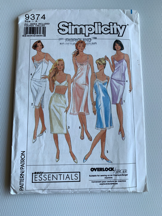 Simplicity Sewing Pattern 9374 Misses'/Misses' Petite, Half Slips 3 Lengths, Elastic Waist, Camisole, Side Slit, Full Slip 2 Lengths, Size 6-24, Uncut, Vintage 1998