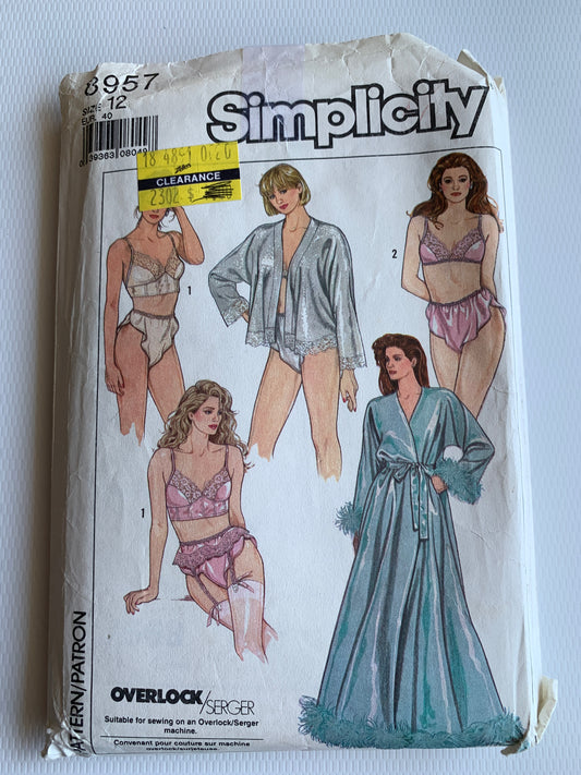 Simplicity Sewing Pattern 8957 Misses' Garter Belt, Panties, Lingerie, Bra, Robe, Tie Belt, Bustier, Long Sleeves, Size 12, Uncut, Vintage 1989