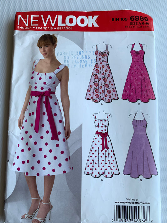 Simplicity New Look Sewing Pattern 6966 Misses' Dress, Shoulder Straps, Sleeveless, 4 Variations, Tie Belt, Zipper Back, Size 6-16, Uncut, 2010