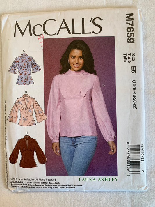 McCall's Sewing Pattern M7659 Misses' Tops, Fitted Zipper Back, Long Short Sleeves, 4 Variations, Size 14-22, Uncut, 2017