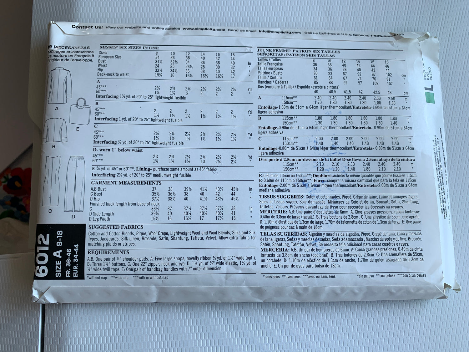 Simplicity New Look Sewing Pattern 6012 Misses' Jacket, Dress, Pants, Top, Long Sleeves, Button Front, Elastic Waist, Bag, Size 8-18 Uncut, 2011