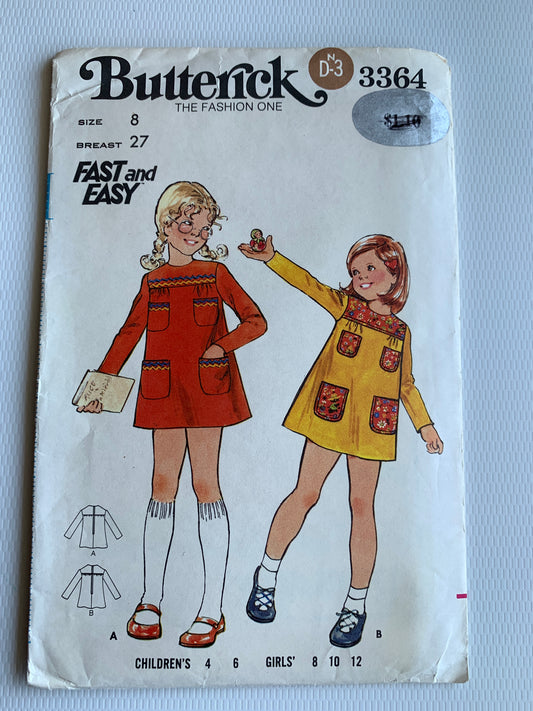 Butterick Sewing Pattern 3364 Girls' Dress, Zipper Back, Pockets, Long Sleeves, A-Line, Size 8, Uncut, Vintage 1976