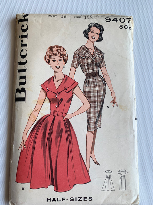 Butterick Sewing Pattern 9407 Misses' One-Piece Dress, Side Zipper, Sleeveless, Short Sleeves, 2 Variations, Size 18 1/2, Uncut, Vintage 1940