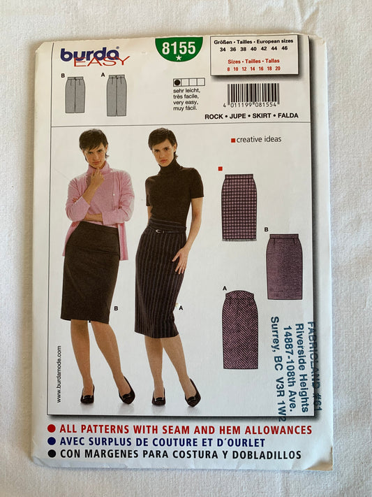 Burda Sewing Pattern 8155 Misses' Skirt, Zipper Back, Fitted, Darts, Two Lenghts, Size 8-20, Uncut, 2003