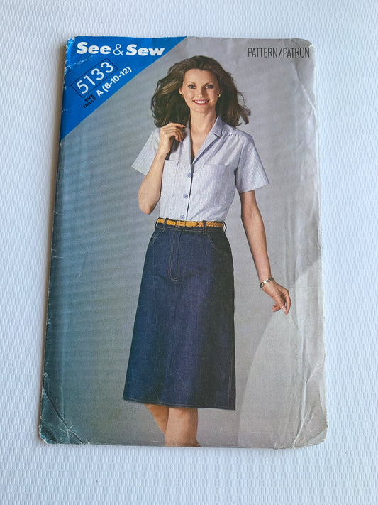 Butterick Sewing Pattern See & Sew 5133 Misses' Skirt, Blouse, Loose-Fitting, Short Sleeves, Straight Skirt, Size 8-12, Uncut, Vintage 1999