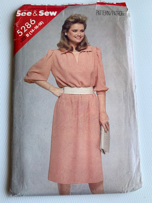 Butterick Sewing Pattern See & Sew 5286 Misses' Dress, Loose-Fitting, Below Mid-Knee, Pullover, Elastic Waist, Elbow Sleeves, Size 14-18, Uncut, Vintage 1996