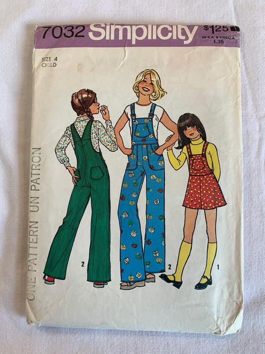 Simplicity Sewing Pattern 7032 Girls' Jumper, Overalls, Side Buttons, Pockets, Shoulder Straps, Size 4, Cut, Vintage 1975