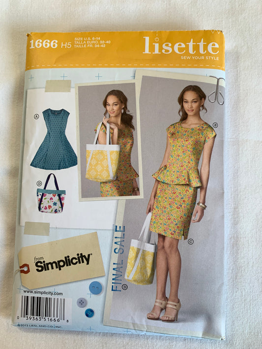 Simplicity Sewing Pattern Lisette 1666 Misses'/Miss Petite Dress, Top, Skirt, Shoulder Bag, Zipper, Sleeveless, Size 6-12, Cut, 2013
