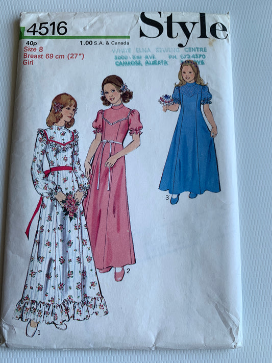 Style Sewing Pattern 4516 Girls' Bridesmaid's Dress, Zipper Back, Long/Short Sleeves, Floor Length, 2 Variations, Size 8, Uncut, Vintage 1973