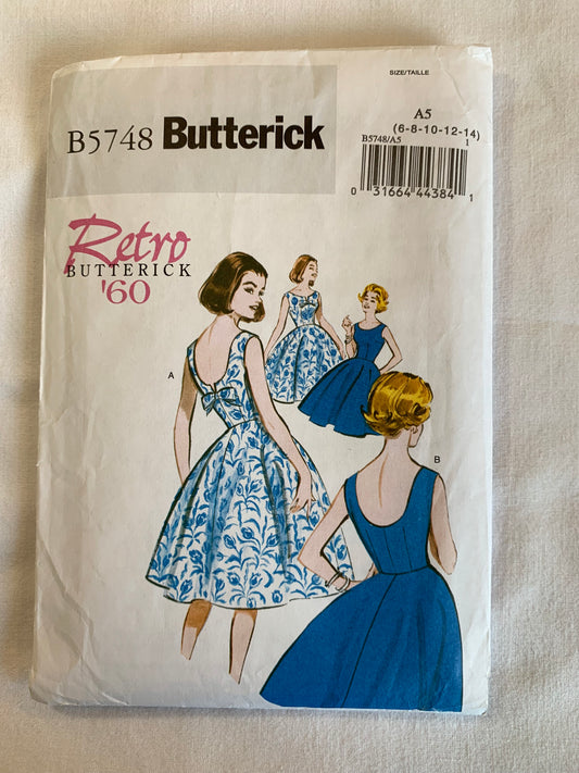 Butterick Sewing Pattern Retro 60' B5748 Misses'/Miss Petite Dress, Sleeveless, Lined, Full Skirt, Close Fitting, Side Zipper, Bows, Size 6-14, Cut, 2012