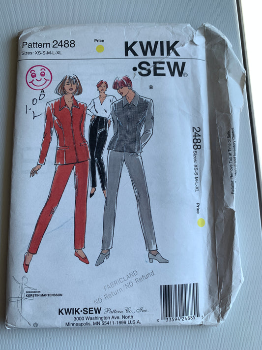 KWIK Sewing Pattern 2488 Misses' Pants, Hooded Jacket, Pockets, Zipper Front, 2 Variations, Size 31-45, Uncut, Vintage 1992