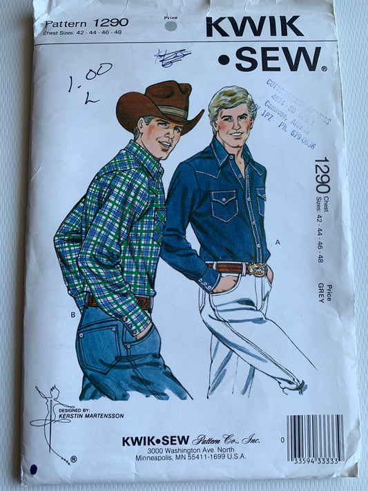 KWIK Sewing Pattern 1290 Men's Western Shirt, Long Sleeves, Collar, Pockets, Snap/Button Front, Cuffs, Size 42-46, Uncut, Vintage 1980