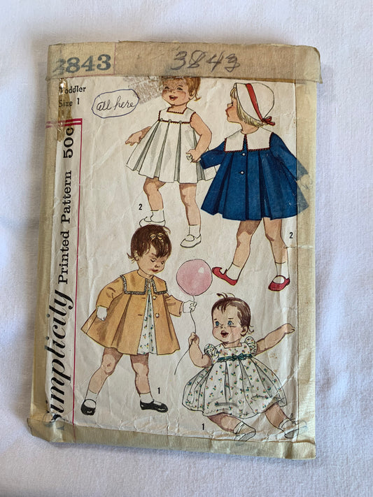 Simplicity Sewing Pattern 3843 Toddlers' Jacket, Coat, Dress, Detachable Collar, Long/Short Sleeves, Sleeveless, Button Front/Back, Pleats, Size 1, Cut, Vintage 1960