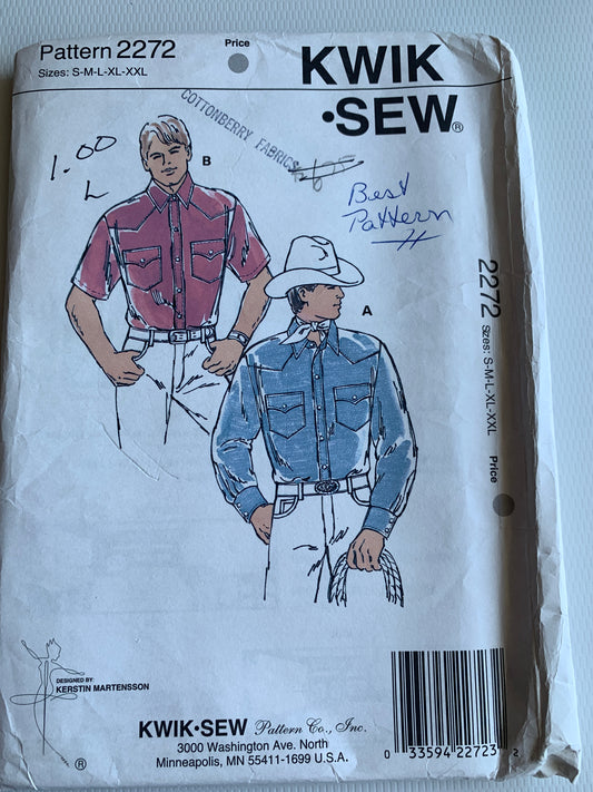 KWIK Sewing Pattern 2272 Men's Western Shirt, Long/ShortSleeves, Collar, Pockets, Snap/Button Front, Size 34-52, Uncut, Vintage 1996