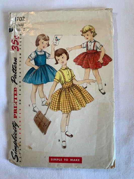 Simplicity Sewing Pattern 1702 Girls' Dress, Jumper, Blouse, Flared Skirt, Short Sleeves, Shoulder Straps, Size 2, Cut, Vintage 1960
