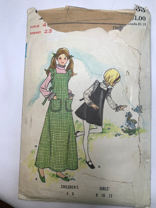 Butterick Sewing Pattern 6933 Girls' Jumper, Blouse, Zipper Back, Pockets, Semi-Fitted, Size 4, Cut, Vintage 1970