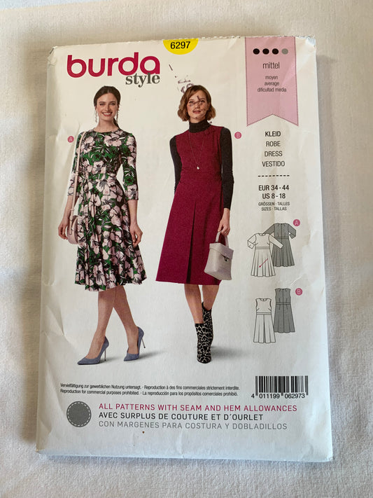 Burda Sewing Pattern 6297 Misses' Dress, Long Sleeves, Sleeveless, Semi- Fitted, Zipper Back, Size 8-18, Cut, 2017