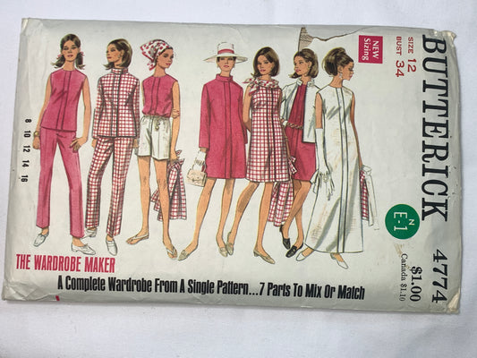 Butterick Sewing Pattern 4774 Misses' Coat, Jacket, Dress, Blouse, Pants, Shorts, Zipper Back, Two Lengths, Size 12, Cut, Vintage 1960