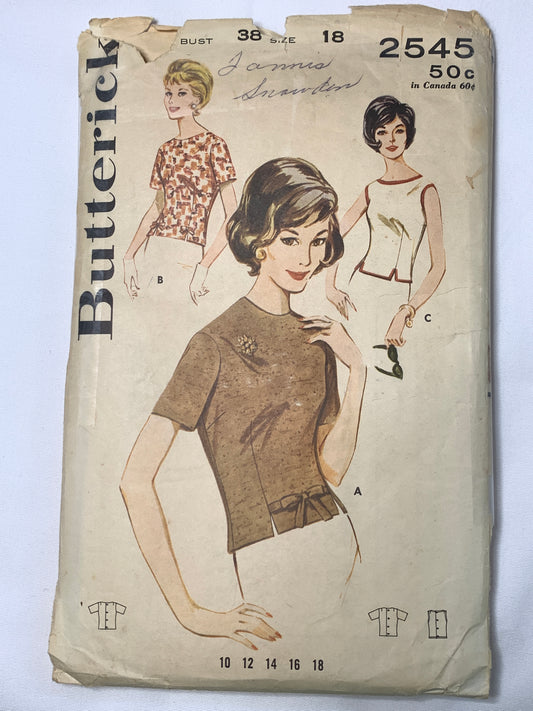 Butterick Sewing Patterns 2545 Misses' Tops, 3 Variations, Sleeveless, Short Sleeves, Semi-Fitted, Size 18, Cut, Vintage 1960