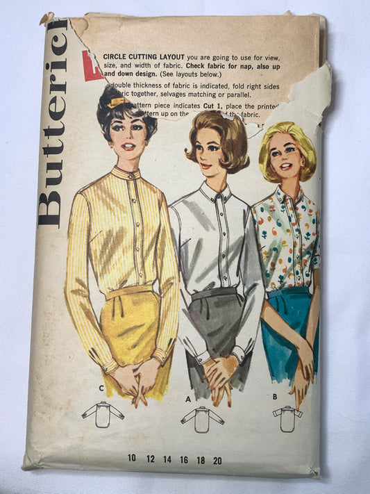 Butterick Sewing Patterns 2682 Misses' Blouse, 3 Variations,Button Front, Long/Short Sleeves, Size 16, Cut, Vintage 1963