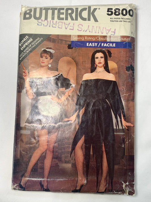 Butterick Sewing Pattern 5800 Misses' Costumes, Halloween, French Maid, Elvira, Size 6-18, Cut, Vintage 1999