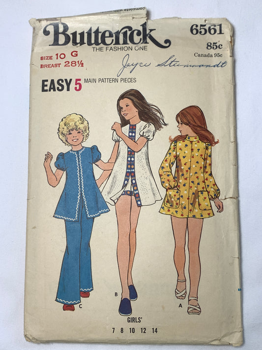 Butterick Sewing Pattern 6561 Girls' Dress, Pants, Shorts, A-LIne, Long/Short Sleeves, Pockets, Size 10, Cut, Vintage 1970