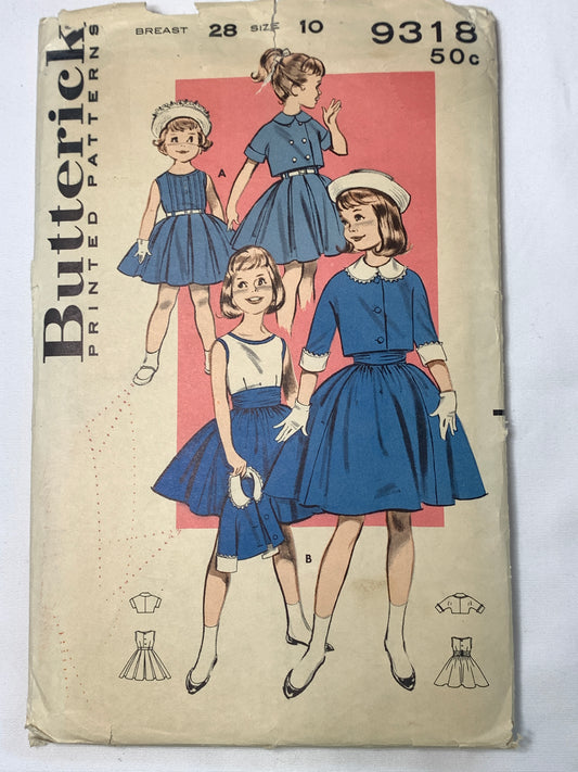 Butterick Sewing Pattern 9318 Girls' Dress, Bolero/Jacket, Pleats, Peter Pan Collar, Cummerbund Elbow Sleeves, Size 10, Cut, Vintage 1950