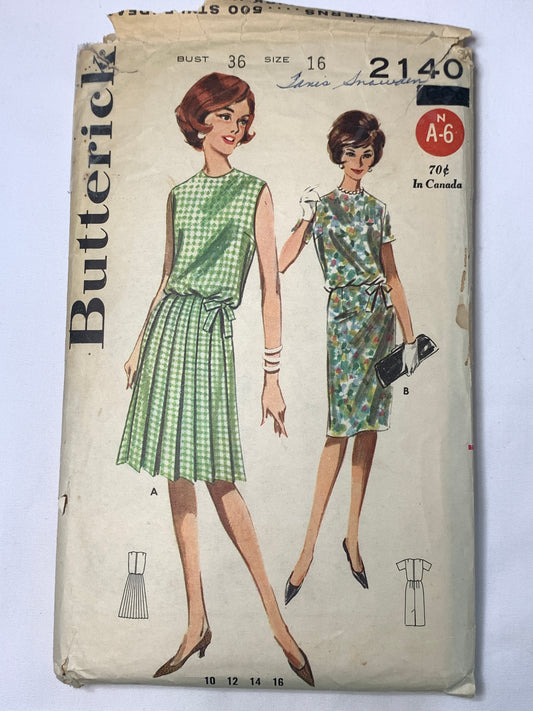 Butterick Sewing Pattern 2140 Misses' Blouse Bodice Dress, Sleeveless, Pleats, Slim, Size 16, Cut, Vintage 1962