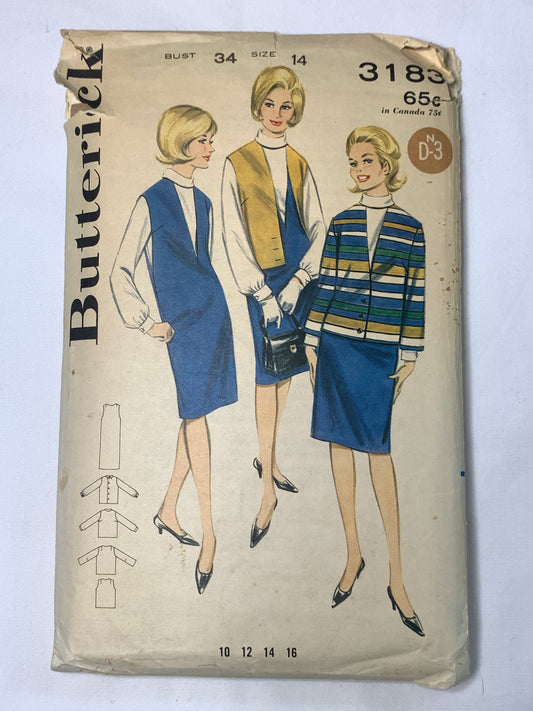 Butterick Sewing Pattern 3183 Misses' One-Piece Dress, Boxy Jacket, Jumper, Cowl Collar, Vest, Button Front, Pullover, Size 14, Cut, Vintage 1960