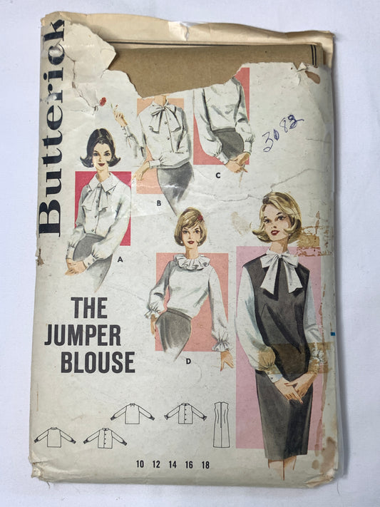 Butterick Sewing Pattern 3082 Misses' Blouse, Jumper, Semi-Fitted, Button Front, 4 Variations, Zipper Back, Size 16, Cut, Vintage 1960