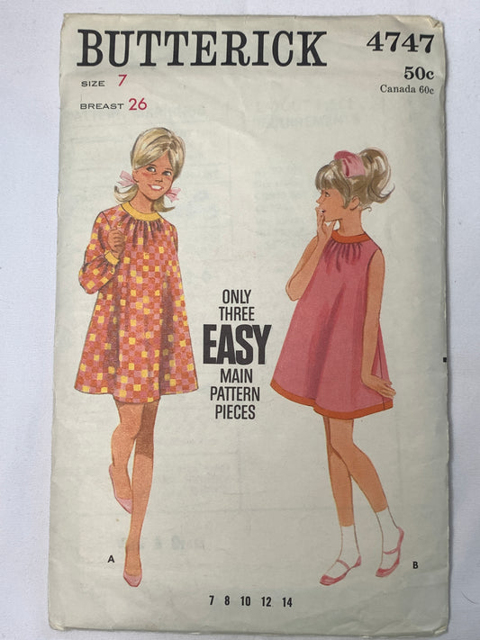Butterick Sewing Pattern 4747 Girls' Dress, Long Sleeves, Zipper Back, Sleeveless, Size 7, Cut, Vintage 1960