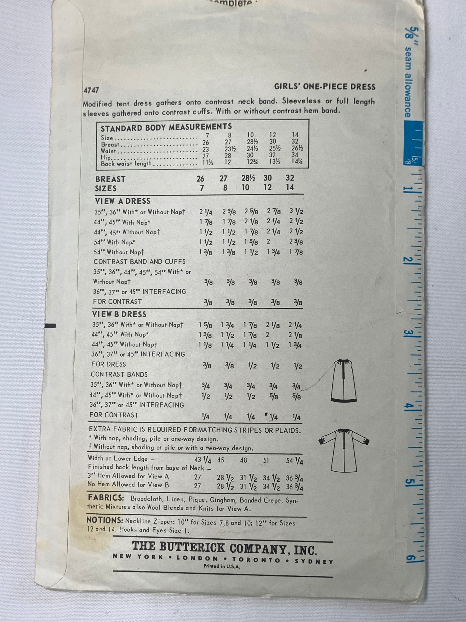 Butterick Sewing Pattern 4747 Girls' Dress, Long Sleeves, Zipper Back, Sleeveless, Size 7, Cut, Vintage 1960