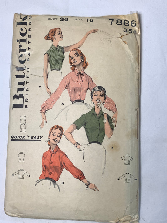 Butterick Sewing Pattern 7886 Misses' Blouse, Collar, Cuffs, Long/Short Sleeves, Sleeveless, Button Front, Size 16, Cut, Vintage 1950