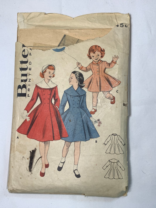 Butterick Sewing Pattern 7229 Girls' Double/Single Breasted Coat, Long Sleeves, Button Front, Pockets, Size 2, Cut, Vintage 1950