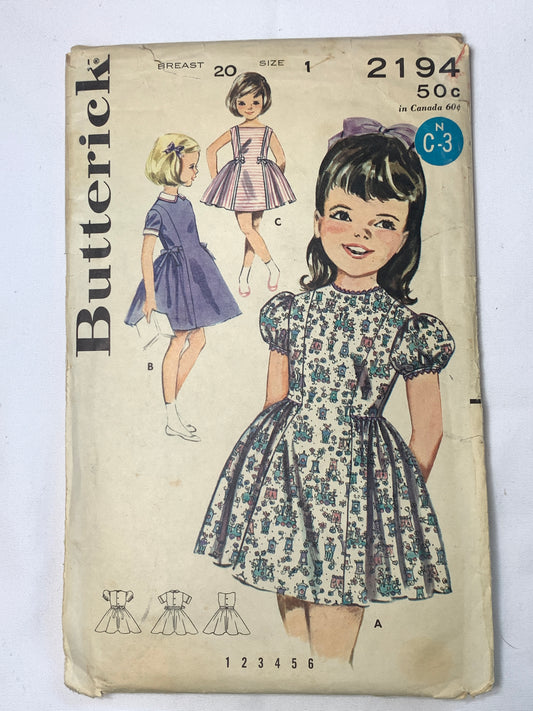 Butterick Sewing Pattern 2194 Girls' Dress, Short Sleeves, Sleeveless, Collar, Button Back, Size 1, Cut, Vintage 1960