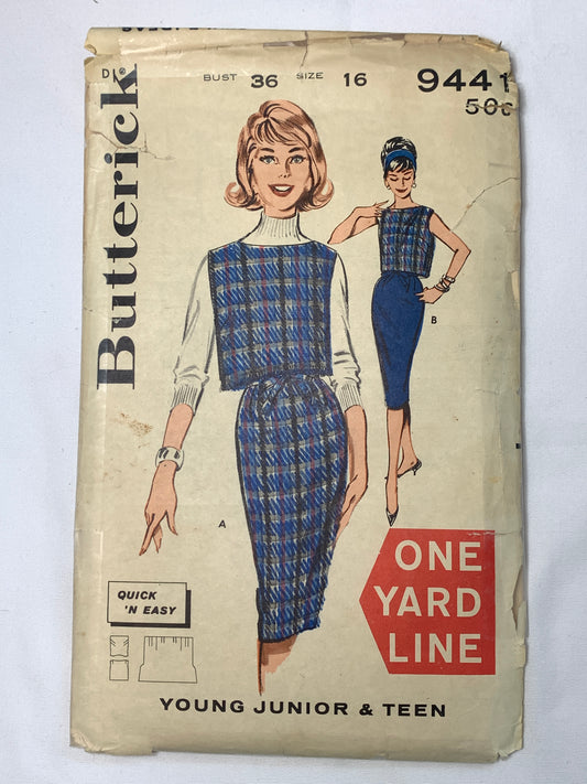 Butterick Sewing Pattern 9441 Misses'/Junior/Teen Skirt, Overblouse, Sleeveless, Zipper Back, Size 16, Cut, Vintage 1953