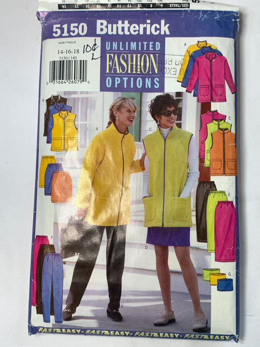 Butterick Sewing Pattern 5150 Misses'/Misses' Petite Jacket, Vest, Skirt, Pants, Tube, Zipper Front, Size 14-18, Cut, Vintage 1994