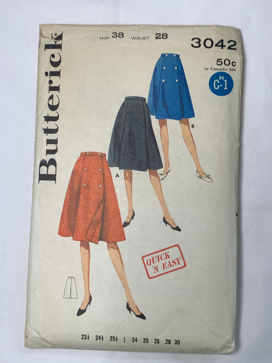 Butterick Sewing Pattern 3042 Misses'/Junior Wrap Skirt, Waist 28, Cut, Vintage 1950