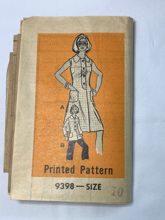 Star Weekly Sewing Pattern 9398 Misses' Dress, Tunic, Pants, Pockets, Button Front, Long Sleeves, Sleeveless, Size 160, Cut, Vintage 1965