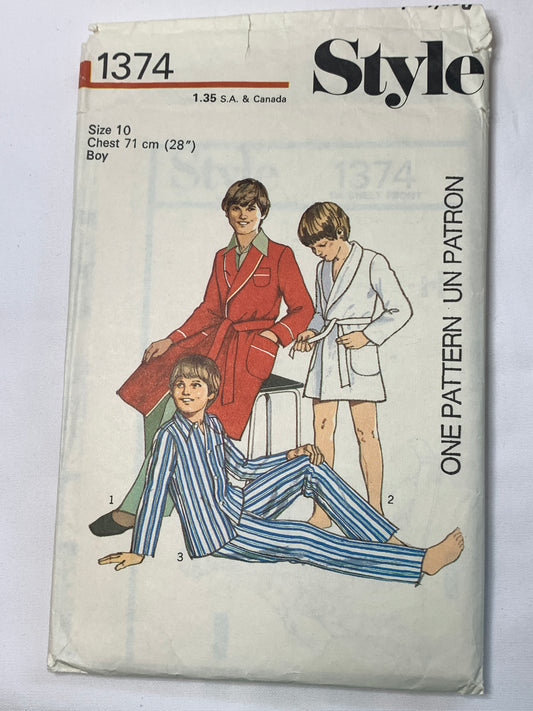 Style Sewing Pattern 1374 Boy's Robe, Pajamas, Long Sleeves, Button Front, Pants, Top, Size 10, Cut, Vintage 1975