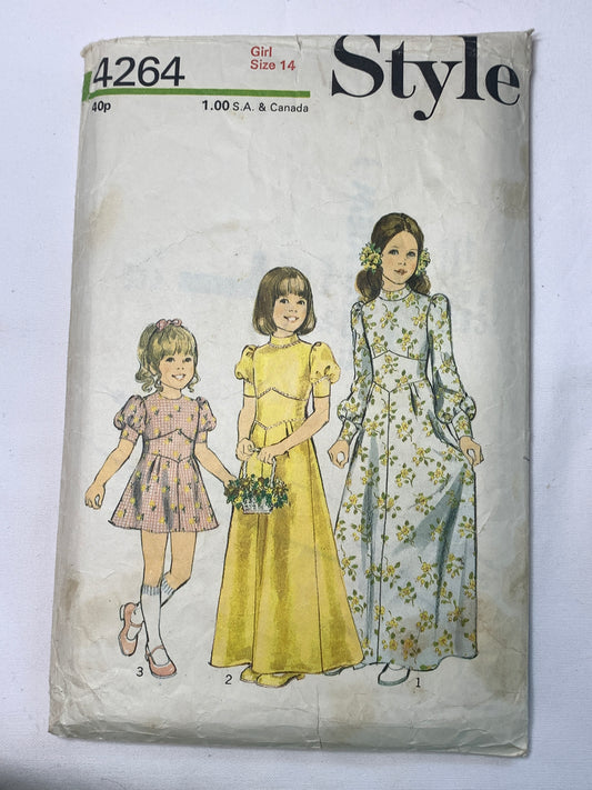 Style Sewing Pattern 4264 Girls' Dress, Zipper Back, Long/Short Sleeves, Two Lengths, 3 Variations, Size 14, Cut, Vintage 1973